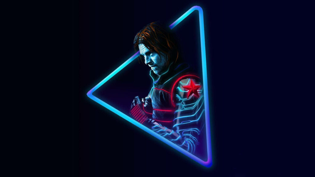Retro Bucky Barnes wallpaper with neon triangle cool blue red lighting and cyberpunk style background