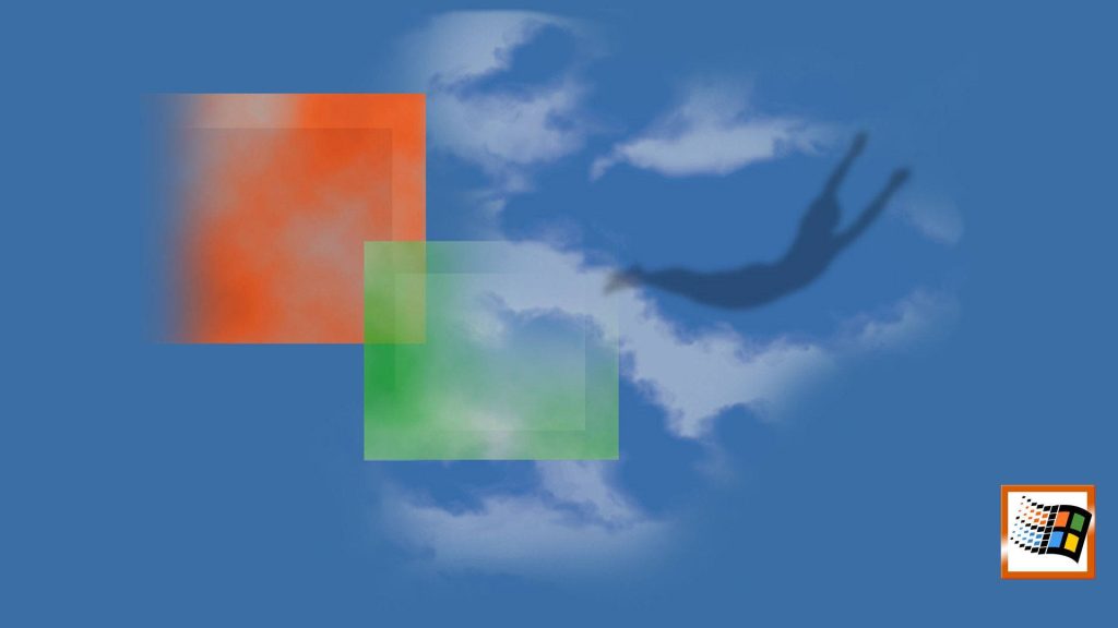 Retro digital blue sky wallpaper with clouds diving silhouette and geometric overlays