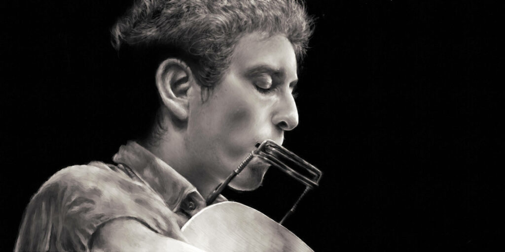 Retro photograph of Bob Dylan playing harmonica and guitar on black background wallpaper