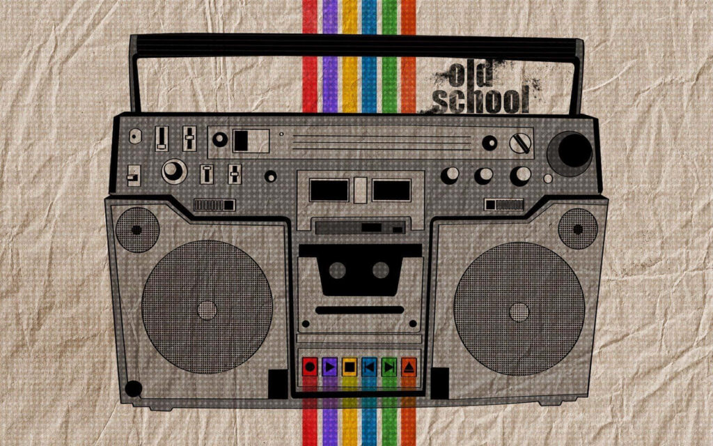 Retro Boombox Wallpaper: Vintage 80s Design with Rainbow Stripes