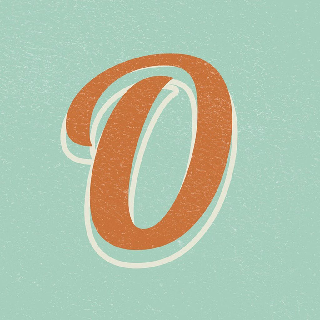 Retro burnt-orange script letter O wallpaper on textured sage green background mid-century design
