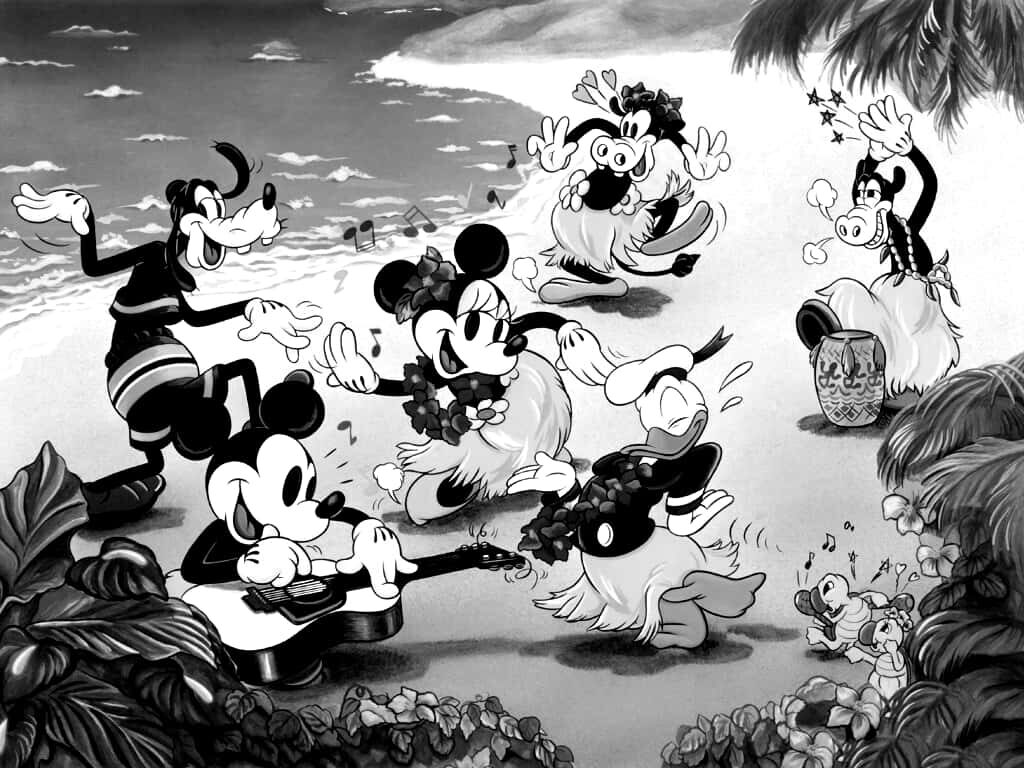 Retro Cartoon Characters in Tropical Beach Scene Wallpaper