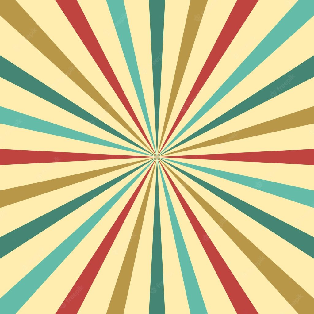 Retro circus wallpaper with muted sunburst pattern in red teal tan and cream colors