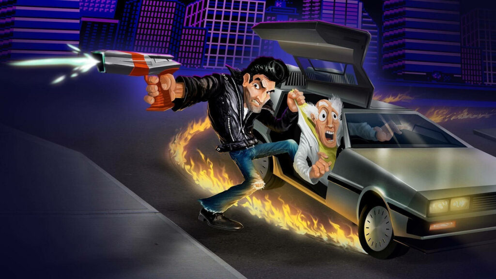 Retro cityscape with cartoon characters and DeLorean leaving fiery trails neon skyscrapers wallpaper