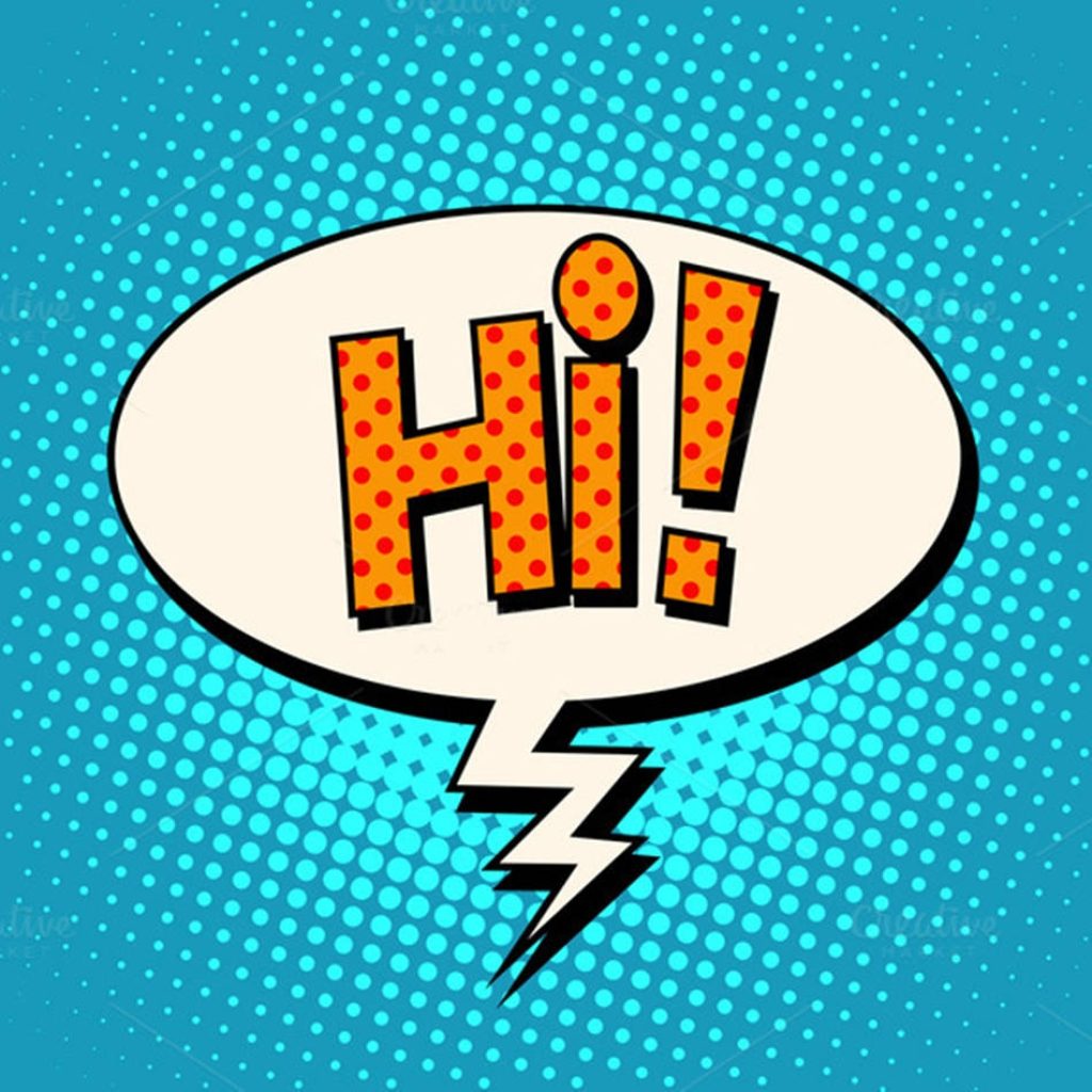 Retro comic speech bubble with bold orange HI text on bright cyan halftone dot background wallpaper