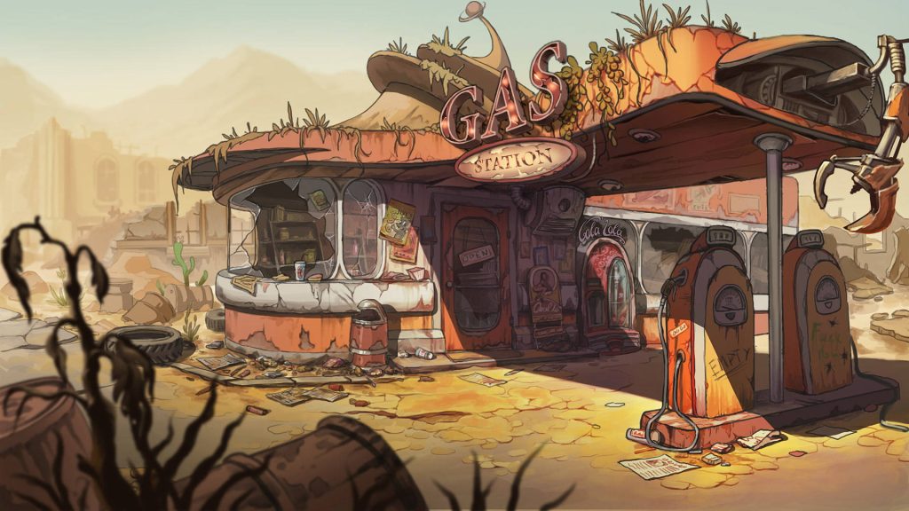 Abandoned retro cartoon gas station in desert wasteland with warm lighting and debris background Wallpaper