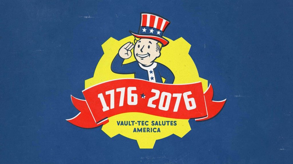 Retro Fallout 76 wallpaper Vault Boy saluting in Uncle Sam hat with patriotic 1776-2076 banner