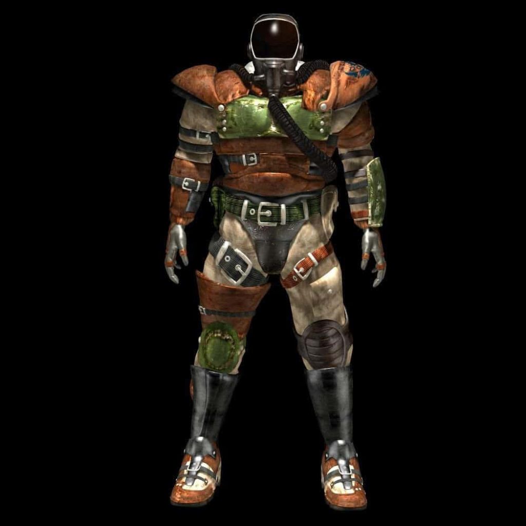CGI Fallout-style post-apocalyptic combat armor with glass dome helmet and green chest plating Wallpaper