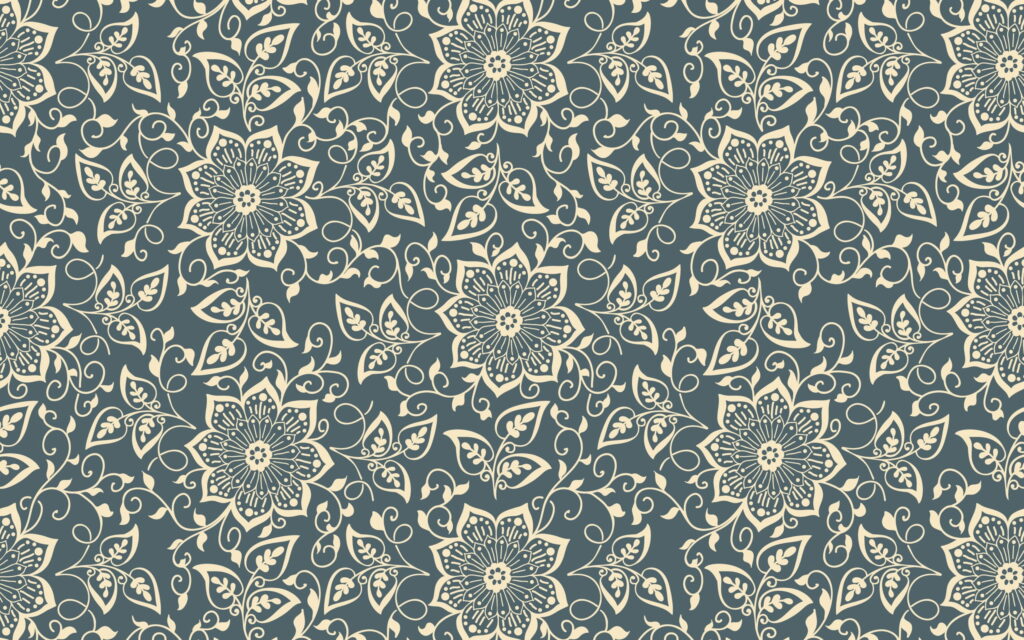 Seamless teal wallpaper with elegant cream floral vines retro-inspired stylish background