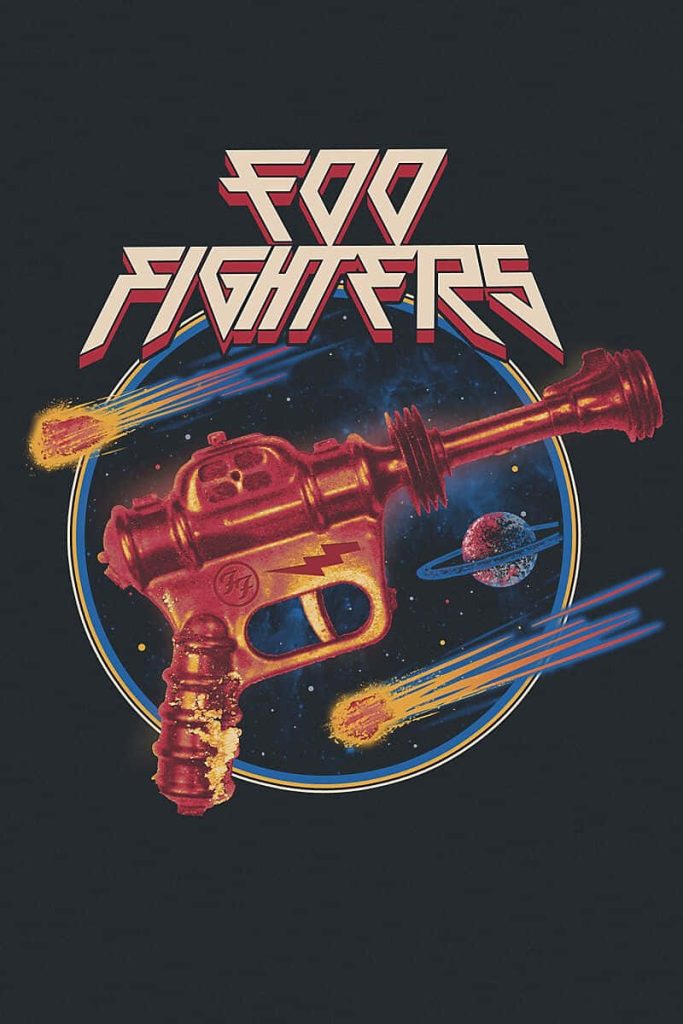 Retro Foo Fighters wallpaper with vintage sci-fi ray gun and ringed planet in deep space background