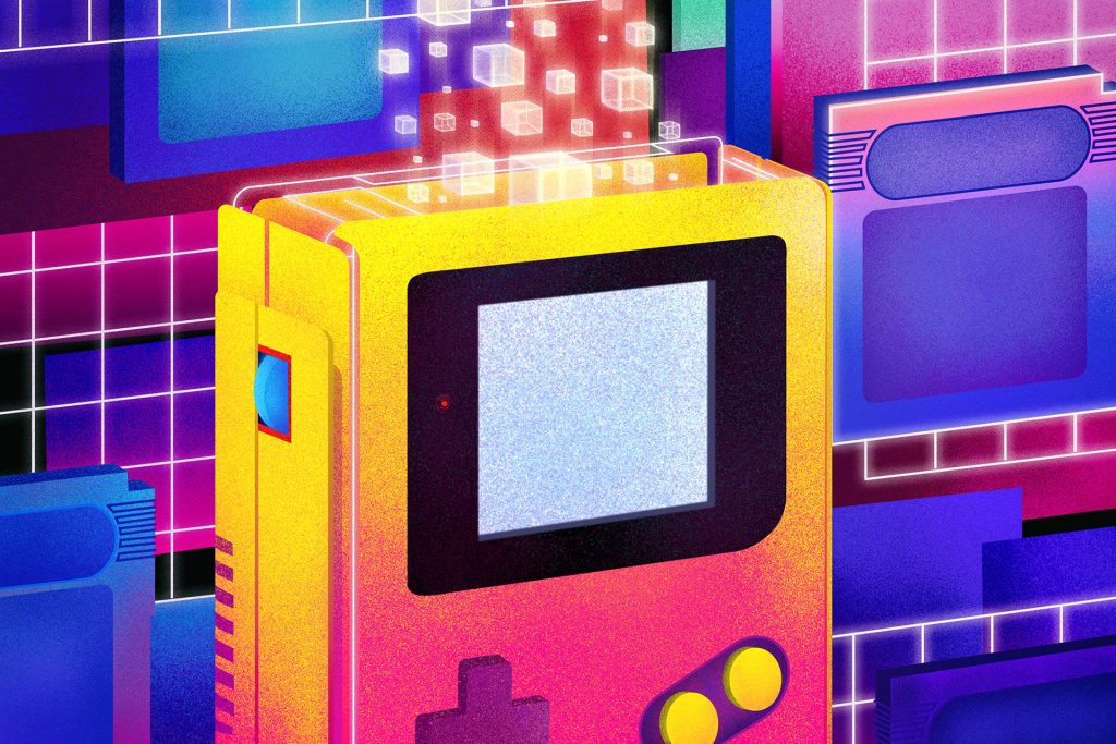 Retro-futuristic Game Boy Color with glowing 3D cubes neon synthwave grid background wallpaper