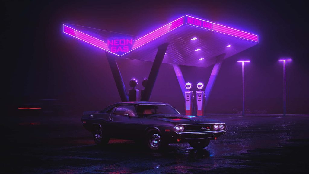 Retro-futuristic 1970 Dodge Challenger neon gas station synthwave wallpaper purple foggy night