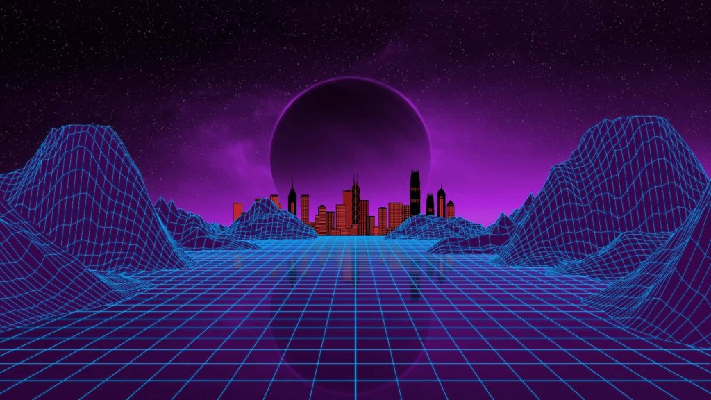 Retro futuristic 80s cityscape neon blue wireframe grid glowing orange metropolis synthwave wallpaper