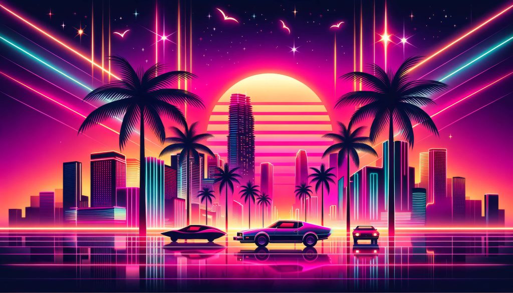 Synthwave retro futuristic cityscape with silhouetted palm trees muscle cars neon sunset wallpaper