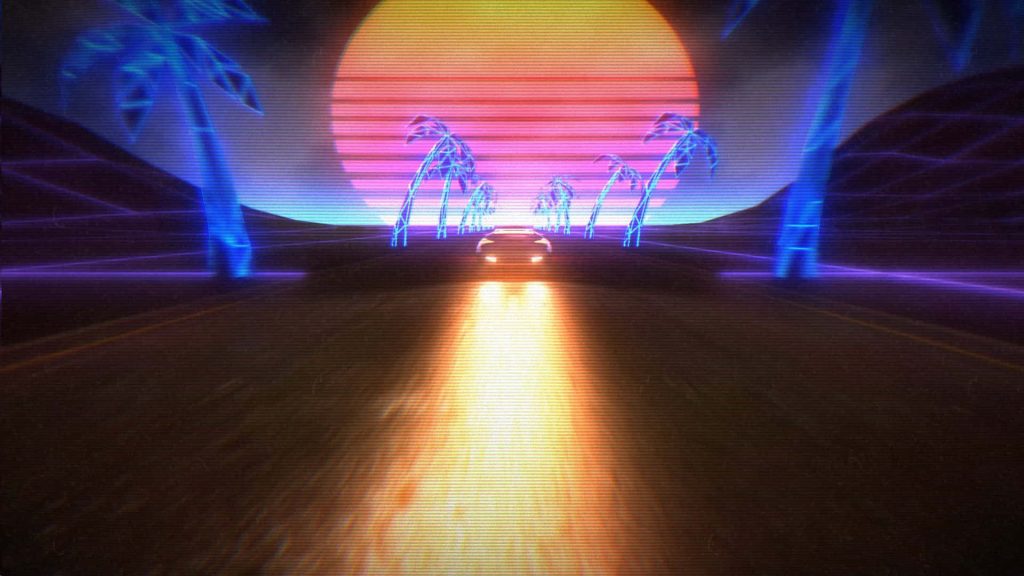 Retro-futuristic 80s synthwave car speeds on neon highway with glowing palm trees and sunset Wallpaper