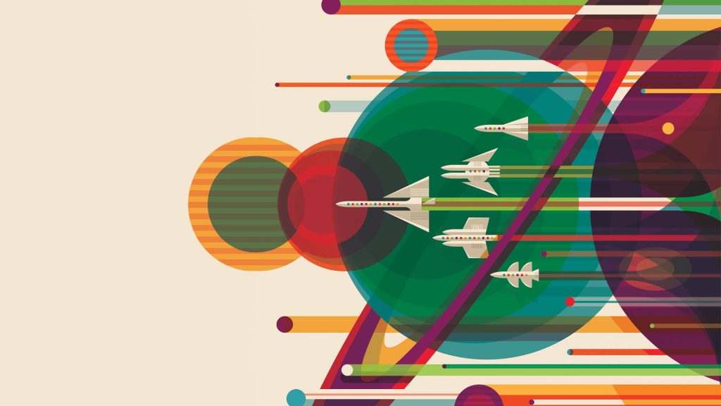 Retro-futuristic mid-century airplane poster wallpaper with vibrant geometric circles and lines