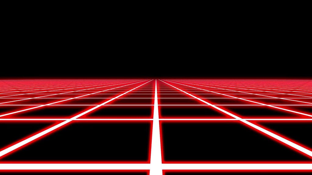 Retro-futuristic black and neon red grid wallpaper with glowing lines and deep black background