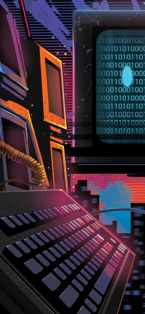 Retro-futuristic cyberpunk workstation with neon keyboard and binary code on monitor wallpaper