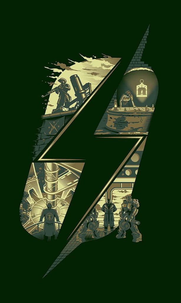 Fallout wallpaper with Minuteman power armor Vault in green gold lightning bolt vector style
