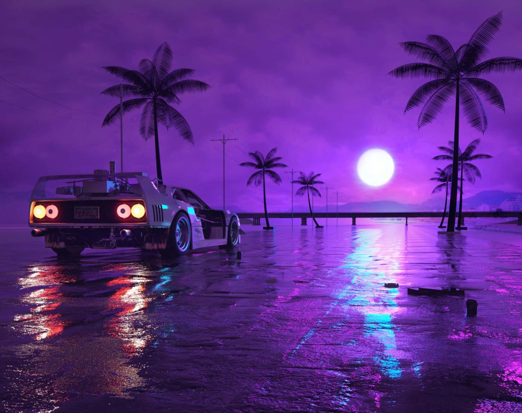 Retro-futuristic Ferrari F40 on rainy coastal road with neon purple synthwave sunset and palm trees Wallpaper