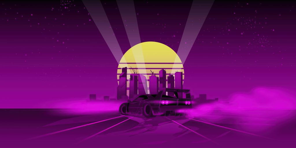 Retro-futuristic synthwave Ferrari F40 drifting at sunset with vibrant purple city skyline background Wallpaper