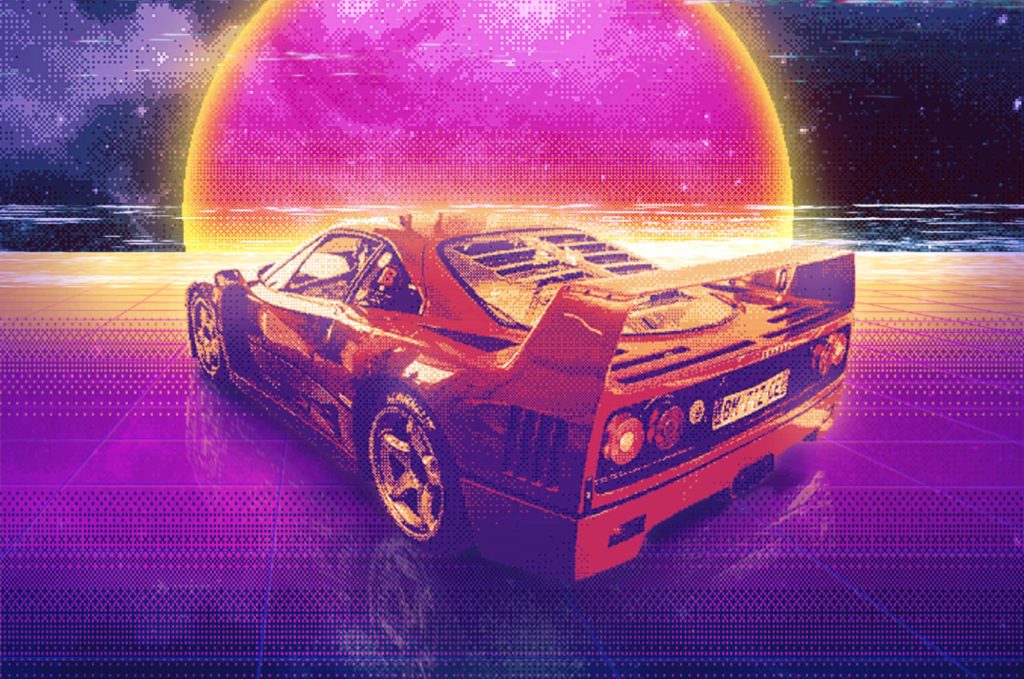 Ferrari F40 pixel art cruising neon grid synthwave sunset retro futuristic 80s wallpaper background