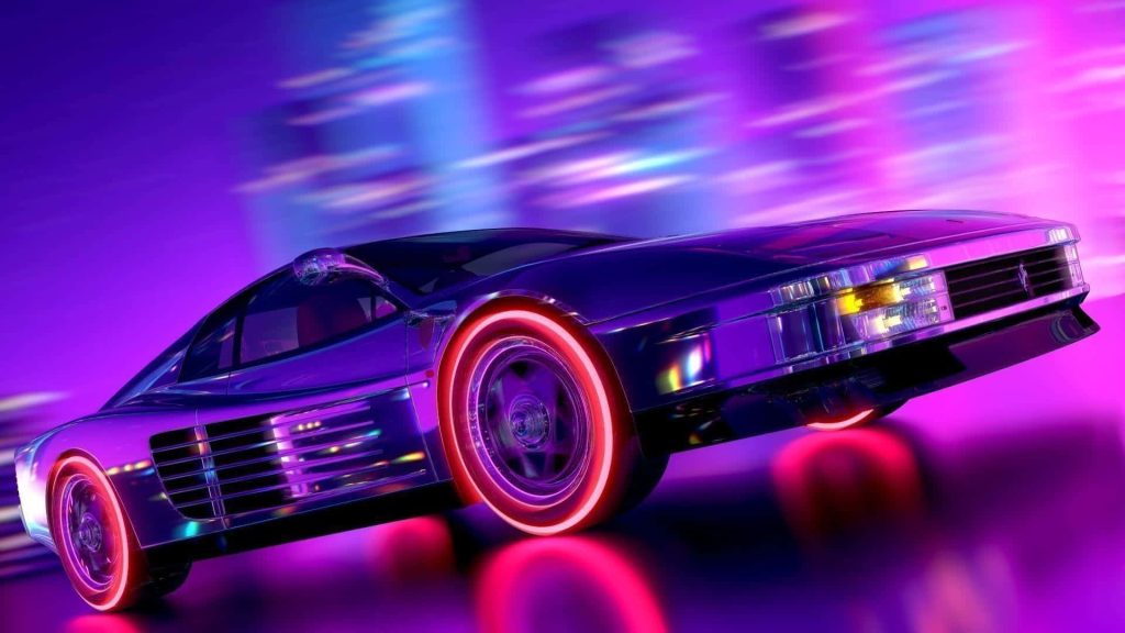 Classic Ferrari Testarossa speeding through neon cityscape with glowing red tires synthwave wallpaper