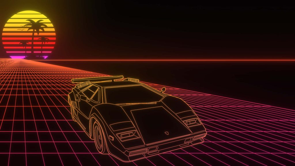Neon wireframe Lamborghini Countach on glowing digital grid retro 80s synthwave wallpaper background