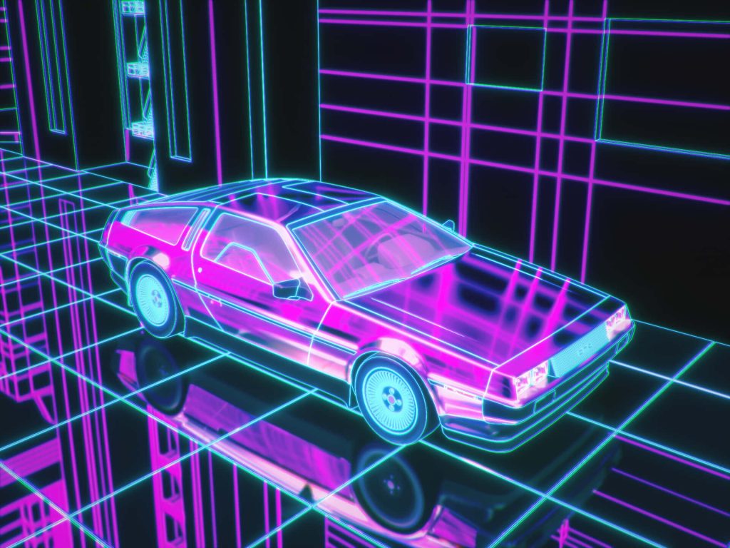 Retro futuristic neon DeLorean DMC-12 on reflective grid in vibrant magenta cyan synthwave wallpaper