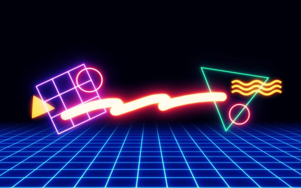 80s retro-futuristic neon grid wallpaper with glowing triangles and vibrant synthwave shapes background