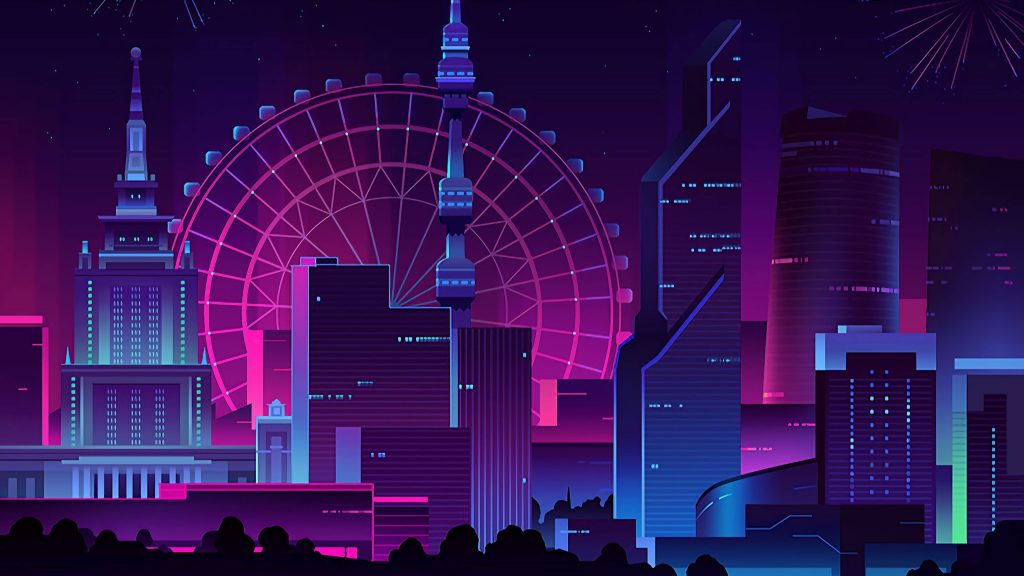 Retro-futuristic glowing Moscow skyline at night with neon purple cyan hues and iconic landmarks Wallpaper