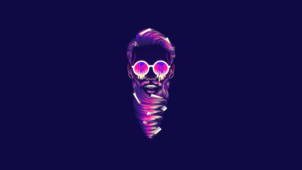 Retro-futuristic neon portrait of stylish man with vortex beard melting sunglasses 80s synthwave Wallpaper