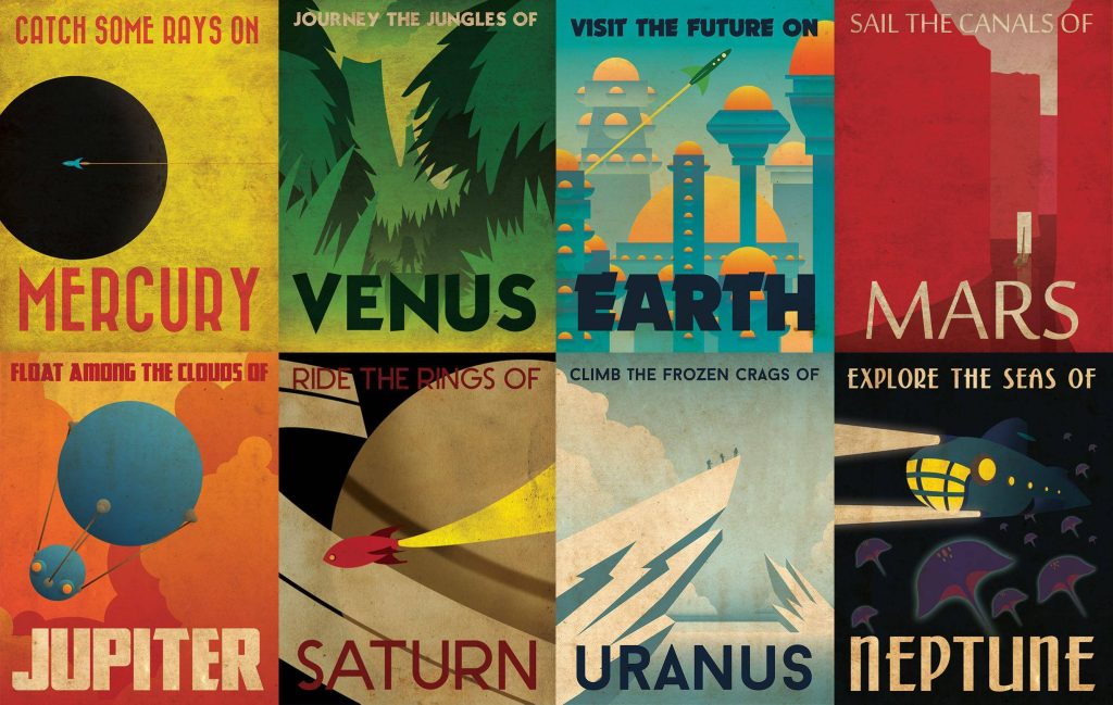 Retro-futuristic solar system travel poster with vibrant planets and vintage sci-fi cityscape wallpaper