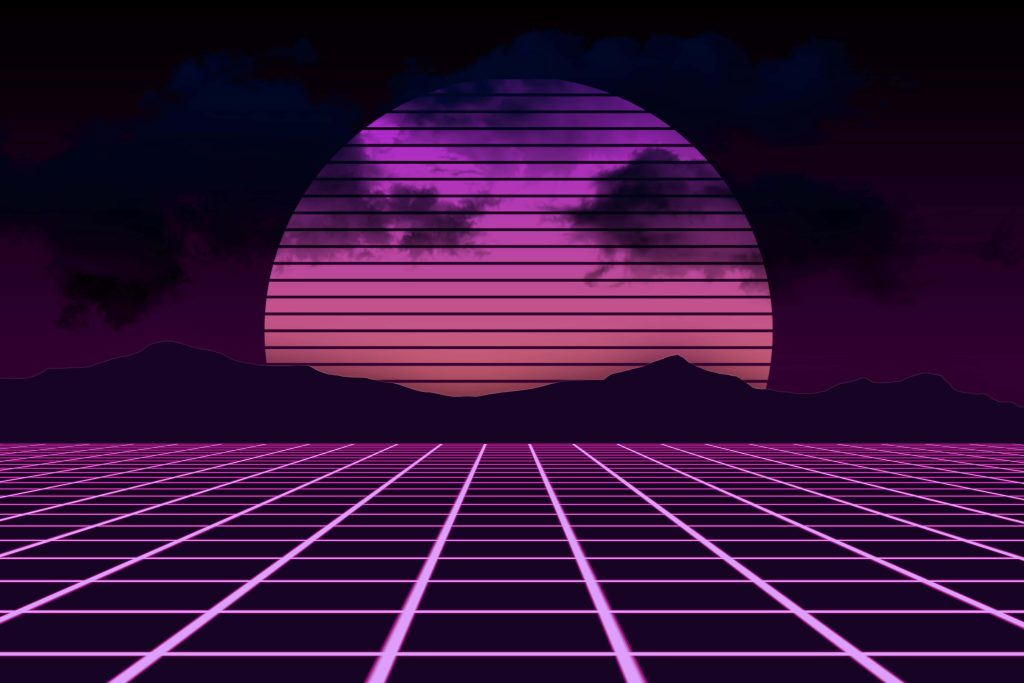 Retro-futuristic synthwave landscape with neon grid and glowing purple sun over mountains Wallpaper