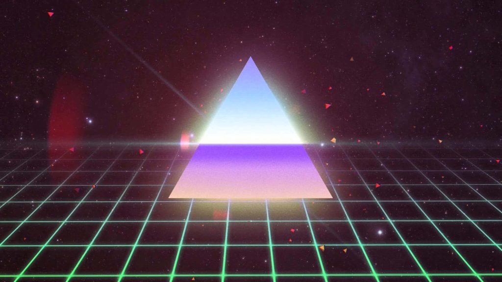 Retro futuristic Synthwave landscape with glowing pyramid neon grid and starry cosmic background Wallpaper