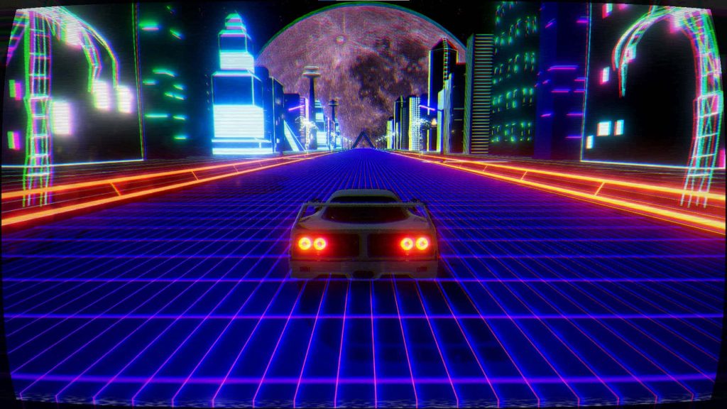 Retro-futuristic synthwave sports car racing on neon grid road in cyberpunk cityscape at night Wallpaper