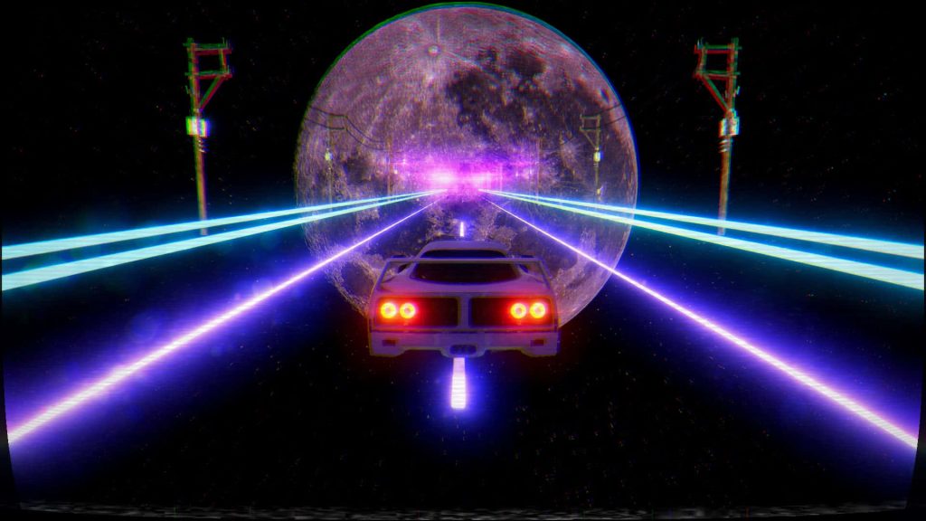 Retro synthwave wallpaper with classic sports car neon light trails and 80s outrun style moon