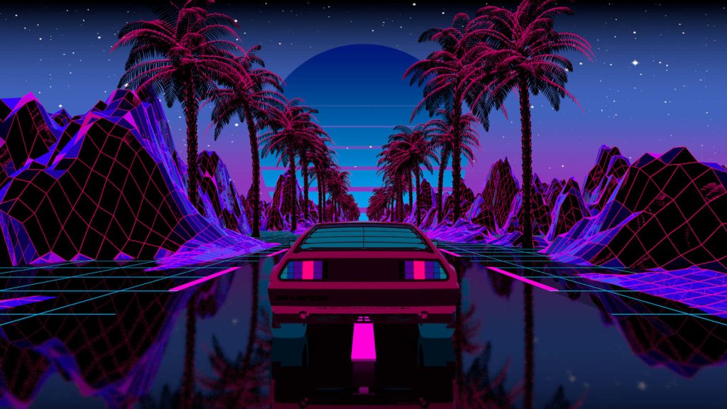 DeLorean driving on neon grid road with purple mountains and palm trees synthwave wallpaper