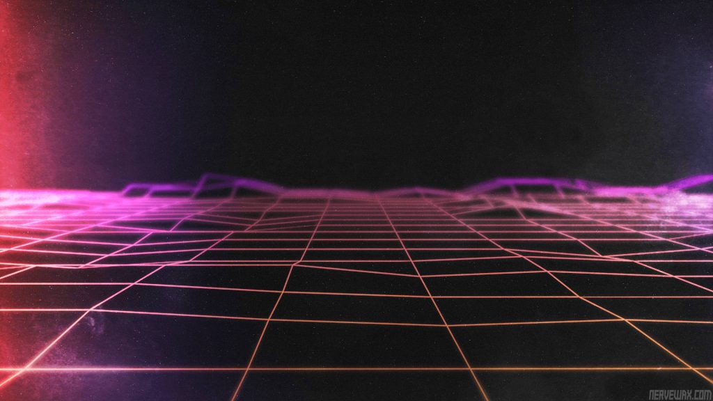 Retro-futuristic synthwave wallpaper with neon pink purple wireframe grid cyber landscape