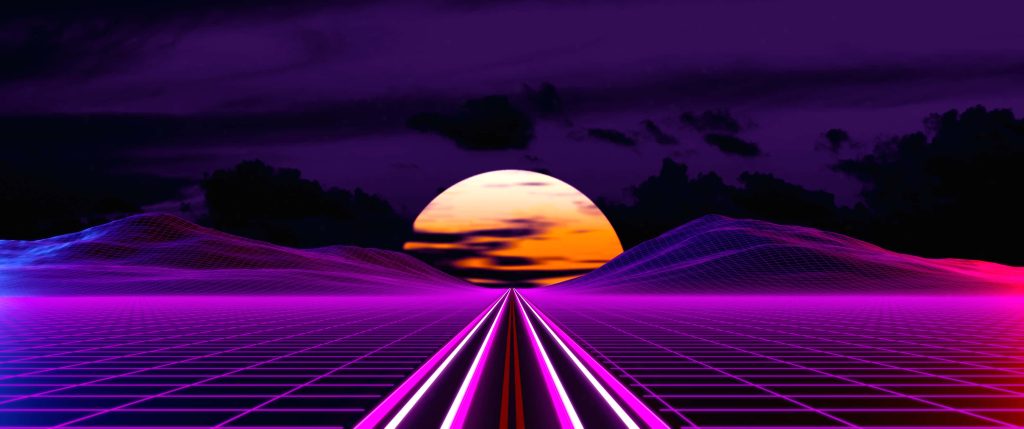 Retro-futuristic synthwave wallpaper glowing road sunset purple wireframe mountains neon grid