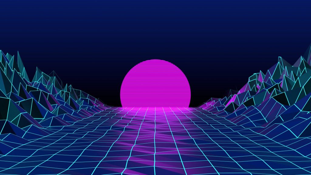 Retro-futuristic synthwave wallpaper neon pink sun cyan grid landscape 80s nostalgic background