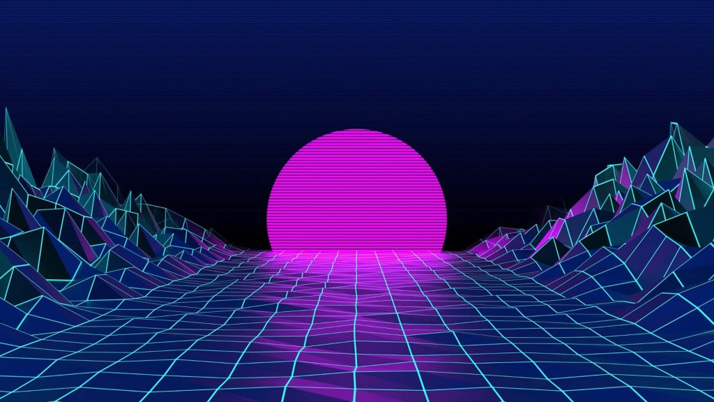 Retro-futuristic synthwave landscape with neon purple sun grid floor and low-poly mountains background Wallpaper