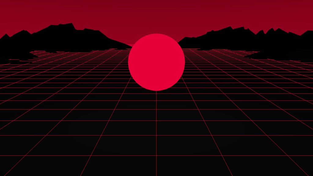 Retro synthwave wallpaper glowing neon red sun digital grid mountains 80s minimalist background