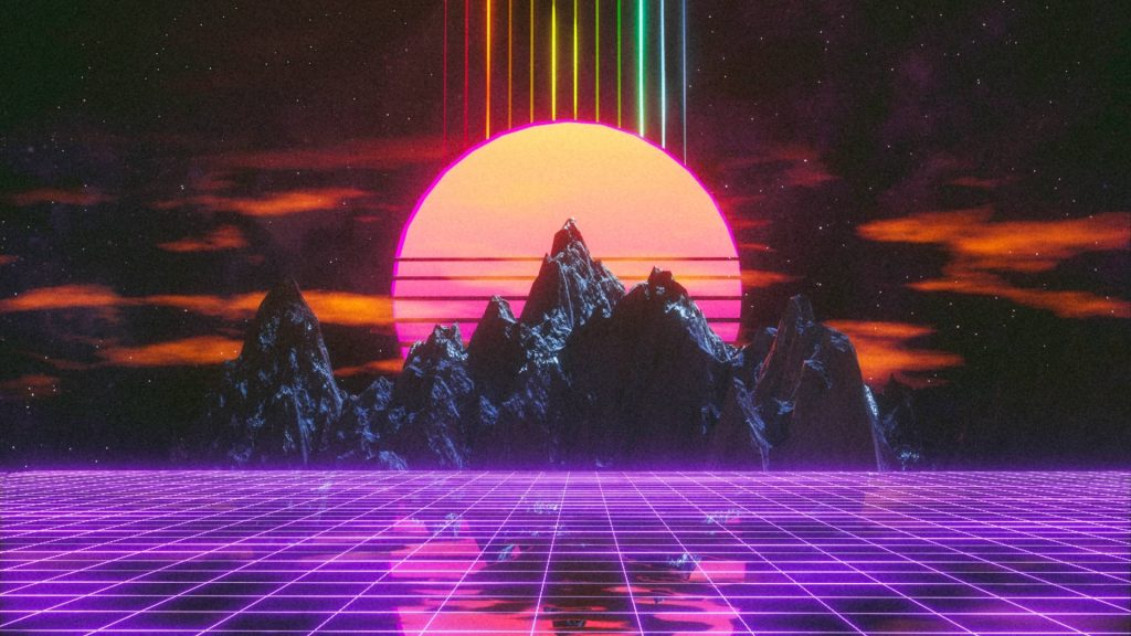Retro-futuristic desktop wallpaper with neon grid mountain sunset rainbow beams synthwave background