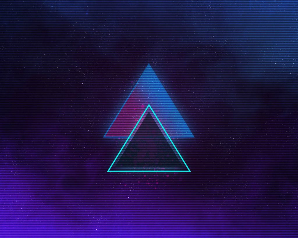 Synthwave digital wallpaper with cyan magenta triangles dark starry background 80s retro style