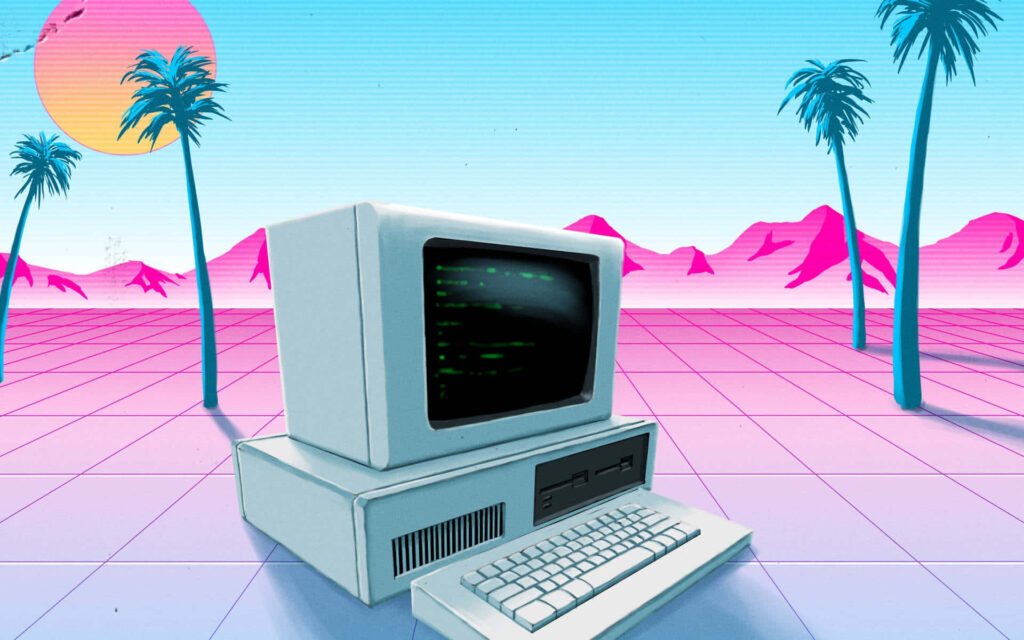 Retro-Futuristic Wallpaper: Vintage Computer & Neon Landscape