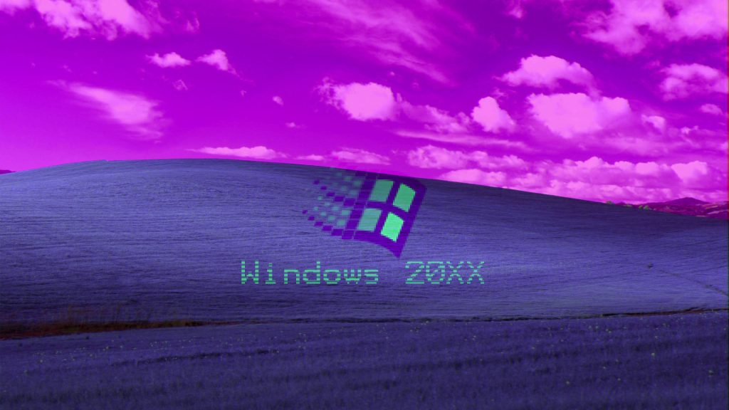 Vibrant purple vaporwave Windows XP Bliss wallpaper with pixelated Windows 98 logo and glitch art