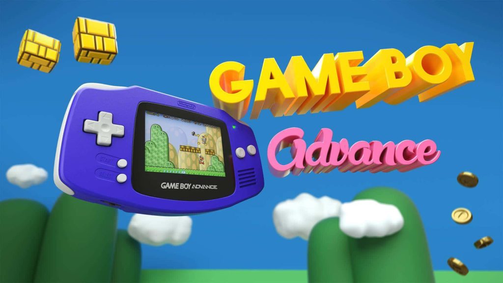 Vibrant 3D wallpaper of purple Game Boy Advance showing Super Mario World with green hills and coins