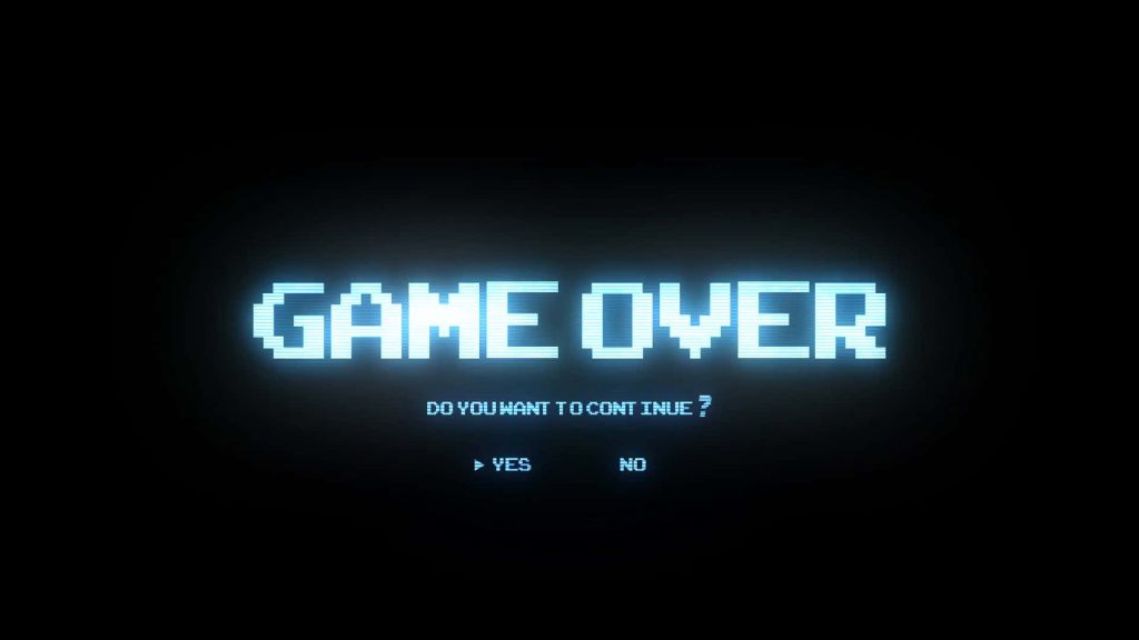 Minimalist Game Over wallpaper with glowing cyan pixel art and subtle scanlines on black background