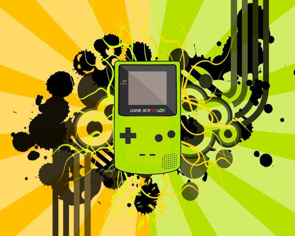 Vibrant lime green Game Boy Color with yellow sunburst rays and black ink splatter abstract background Wallpaper